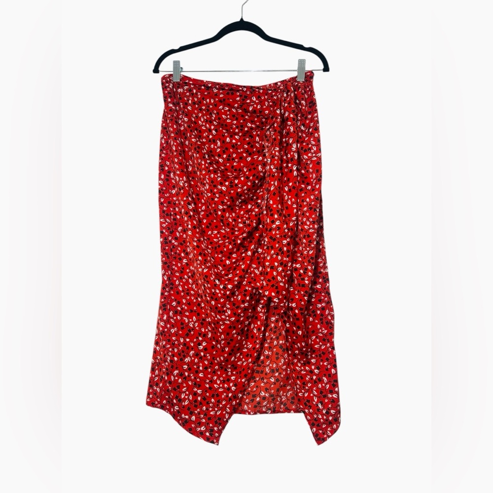Who What Wear sz6 Red Tulip Floral Print Faux Wrap Midi Skirt Ruched Side Slit